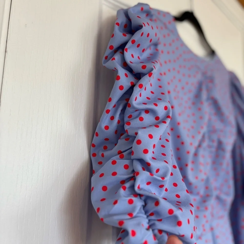 Kate Spade Plus Size 16 Peplum Top Ruched Blue Red Polka Dots Puff Sleeves Zip